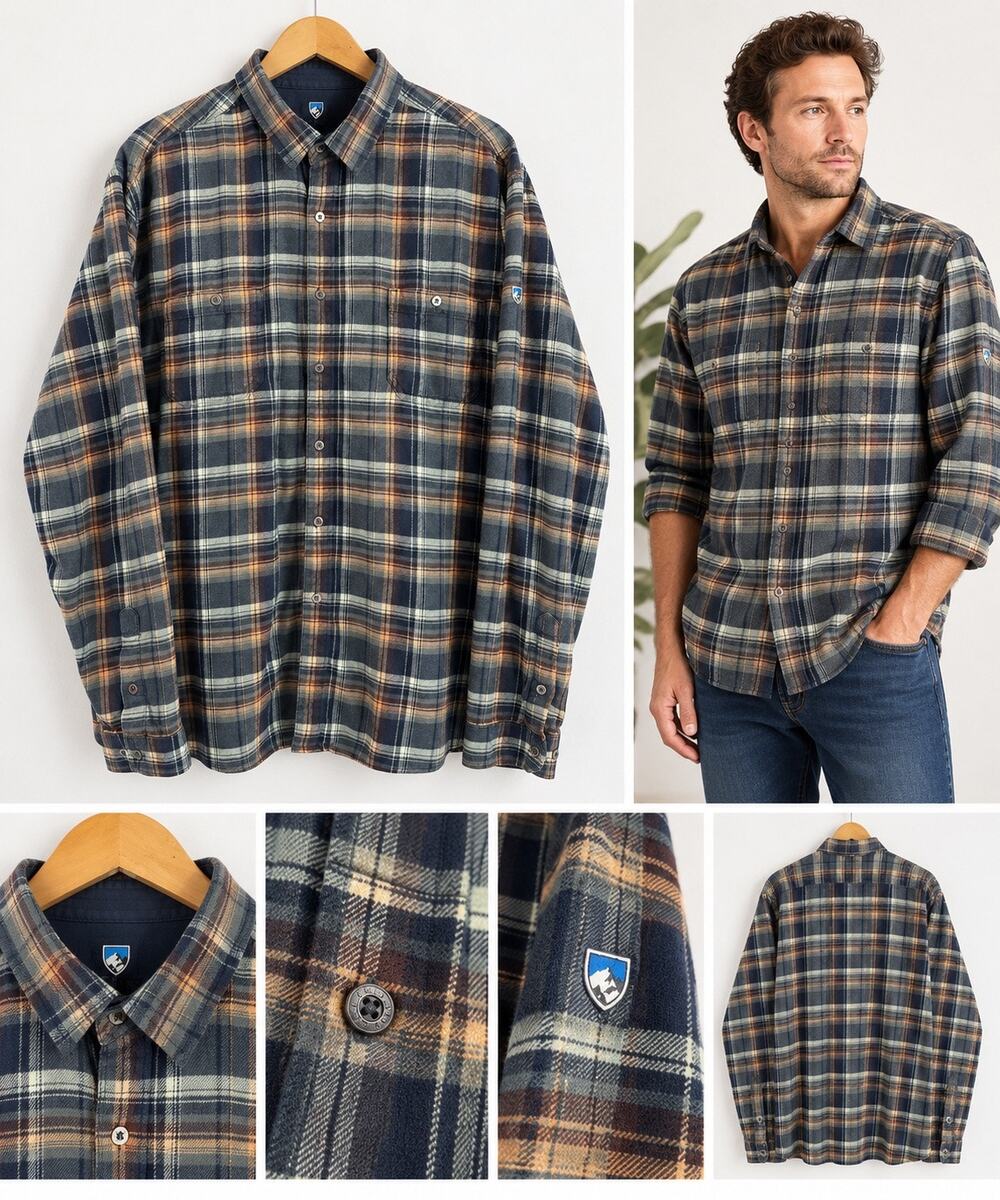 KUHL Plaid Flannel Shirt XXL Navy Tan Long Sleeve Button Front Cotton Tencel